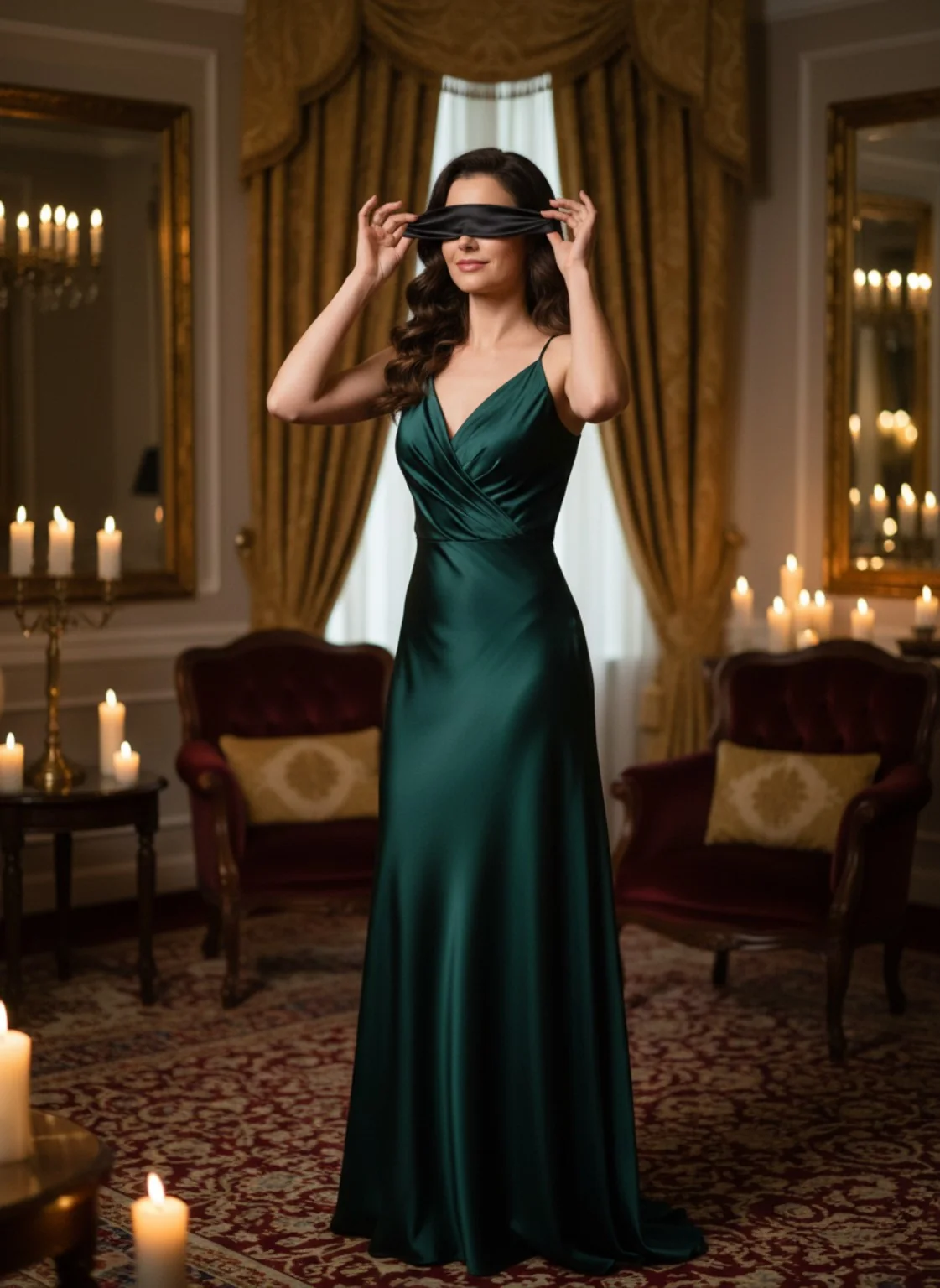 Frau in einem eleganten grünen Kleid in warmer, erwartungsvoller Atmosphäre